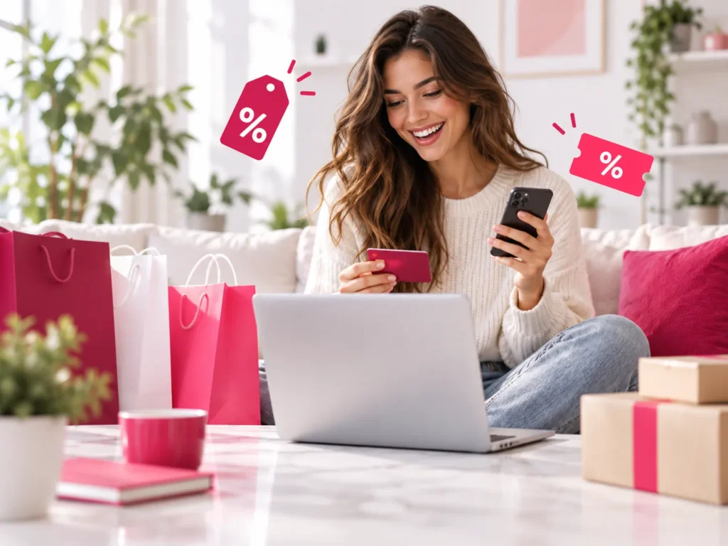 Vrouw shopt online met laptop, smartphone en kortingscode terwijl roze winkelzakken en kortingsiconen om haar heen staan.