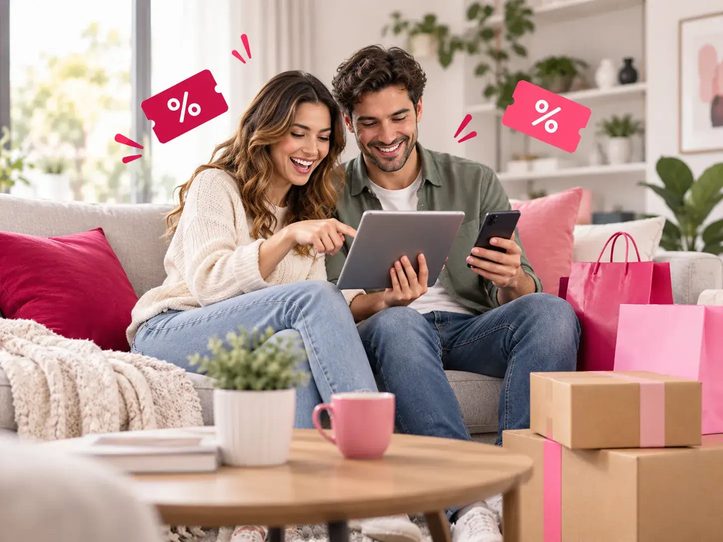 Koppel bekijkt samen online aanbiedingen en kortingscodes op een tablet en smartphone in een gezellige woonkamer.