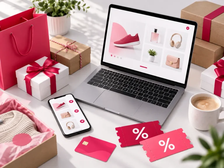 Laptop en smartphone tonen een online shopomgeving met producten, kortingscodes, cadeaudozen en roze shoppingaccessoires op een bureau.