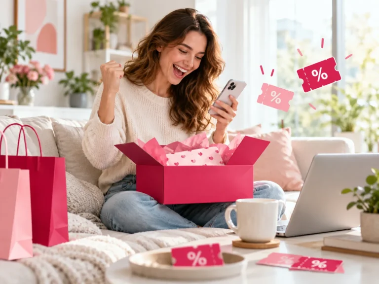 Vrouw viert een geslaagde online aankoop met kortingscodes terwijl zij op haar smartphone kijkt naast een open pakket en laptop.