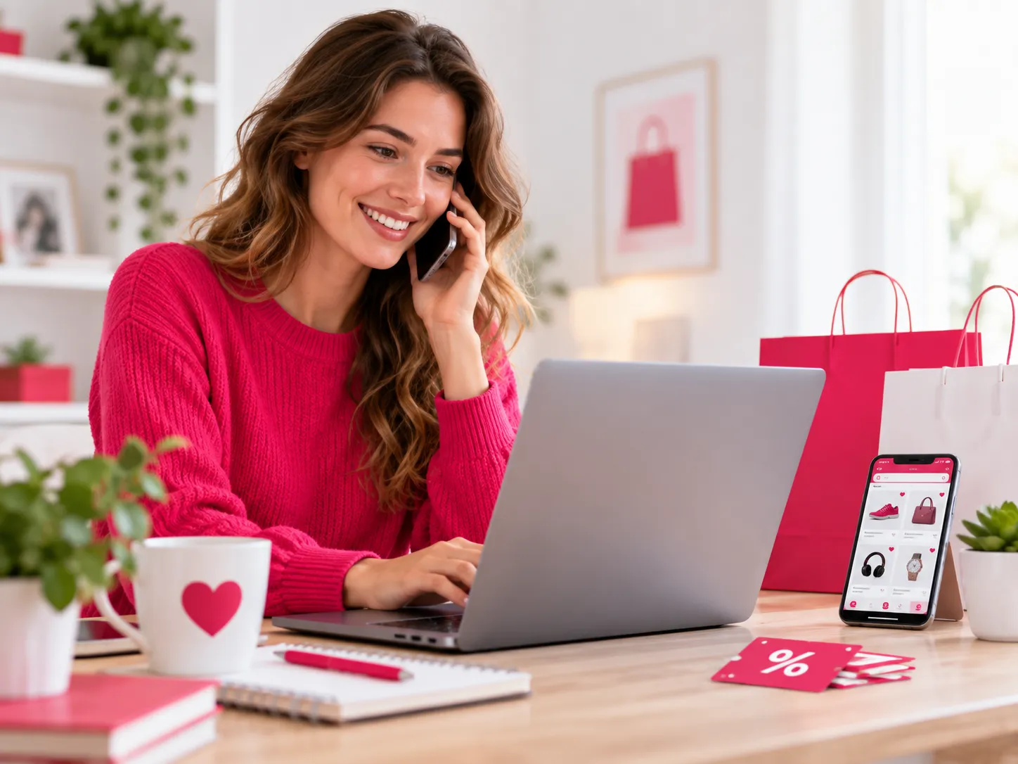 Vrouw neemt contact op tijdens het online shoppen voor hulp met kortingscodes en aanbiedingen van Kortingscode Plein.