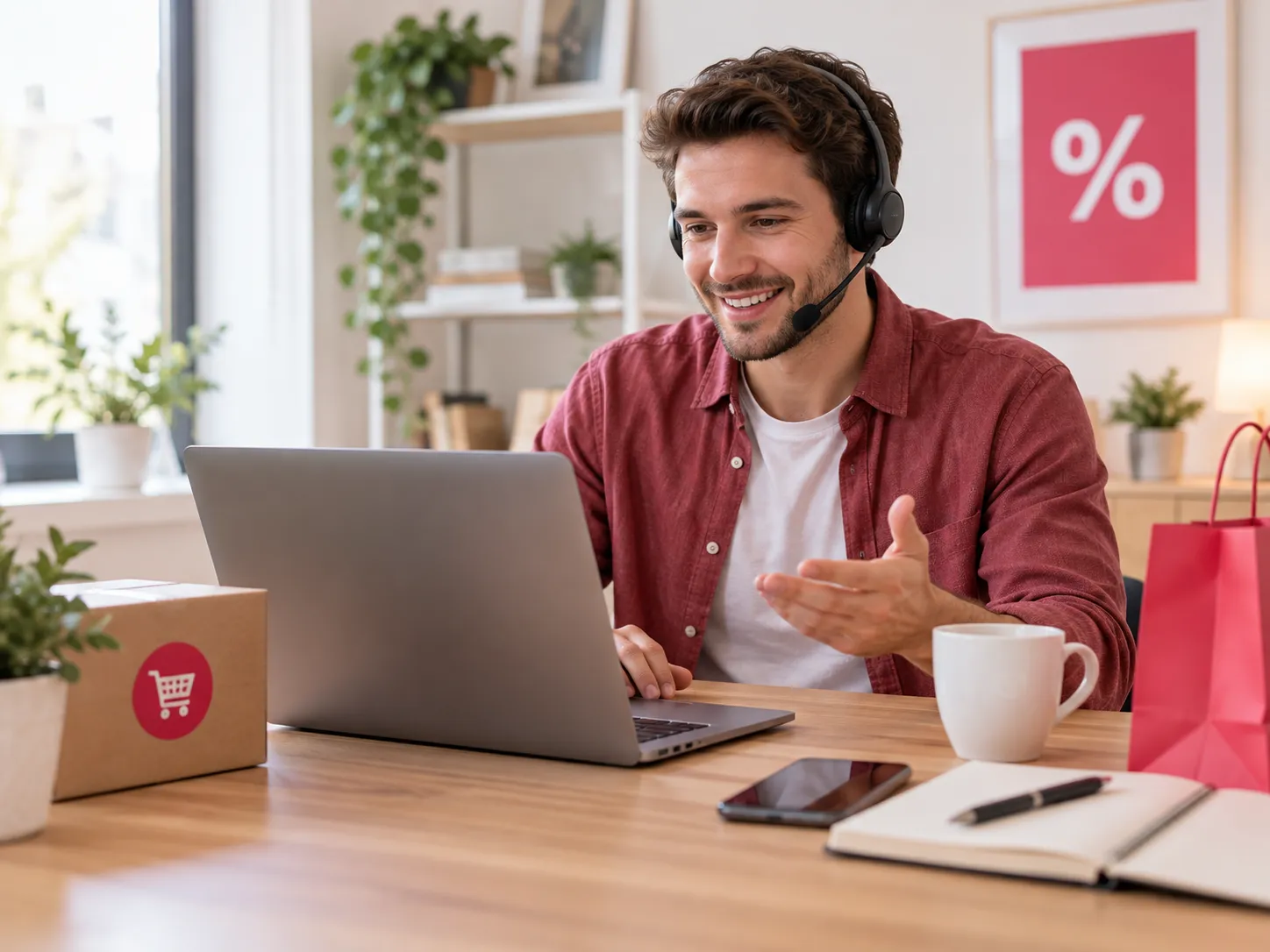Klantenservicemedewerker helpt online met vragen over aanbiedingen, kortingscodes en aankopen via de Contact-pagina.