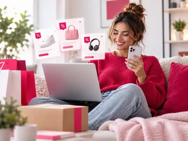 Vrouw vergelijkt tijdens het online shoppen kortingscodes en aanbiedingen via laptop en smartphone.