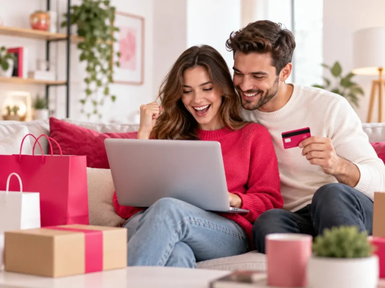 Koppel bekijkt online aanbiedingen en kortingscodes tijdens het shoppen met een laptop.
