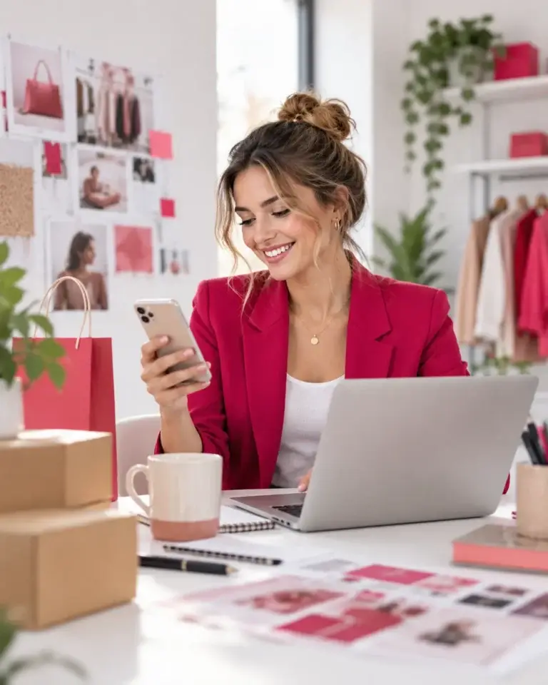 Medewerker van Kortingscode Plein beheert online aanbiedingen en kortingscodes via laptop en smartphone.