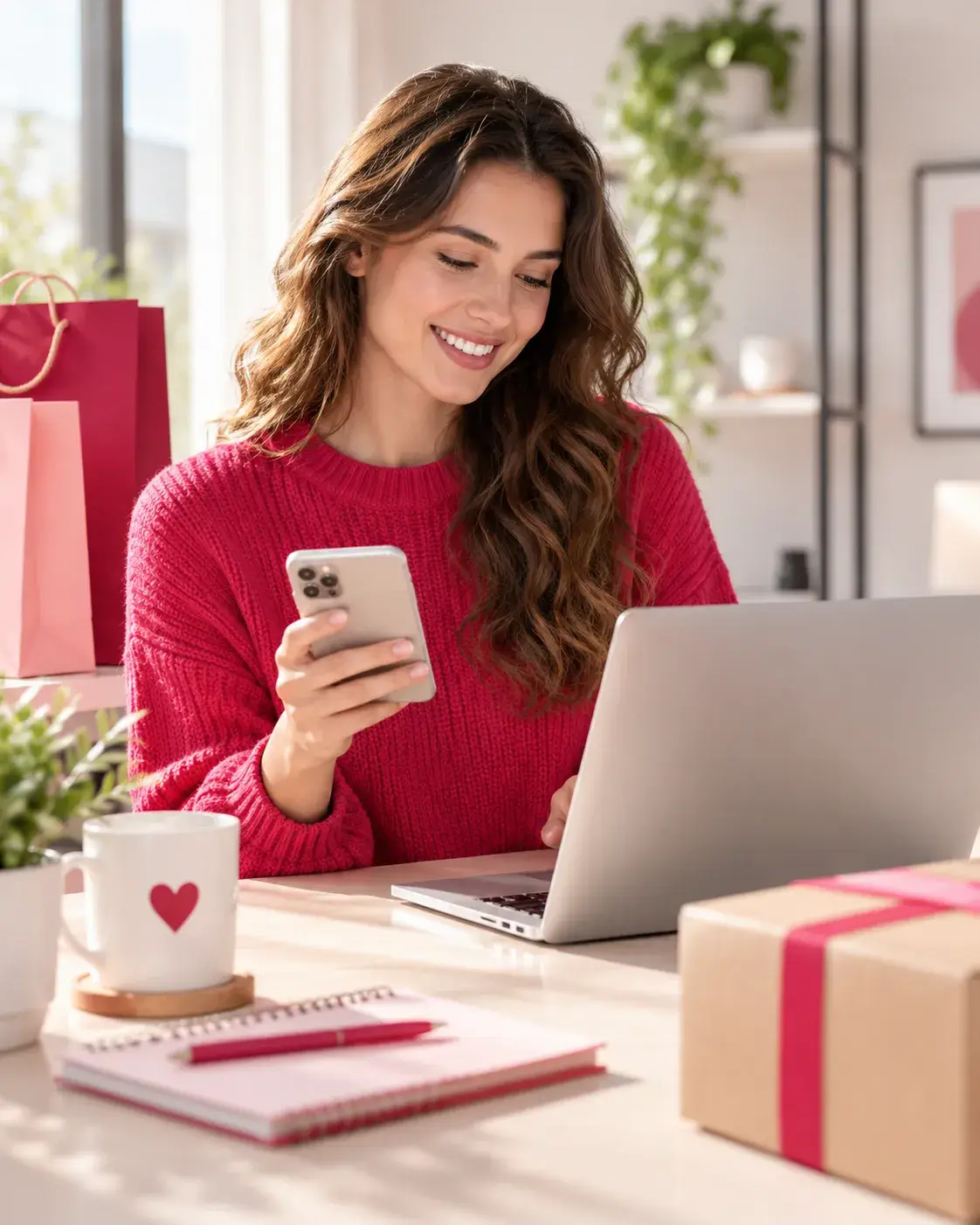 Vrouw registreert zich voor Kortingscode Plein en bekijkt kortingscodes, aanbiedingen en online shopping via laptop en smartphone.